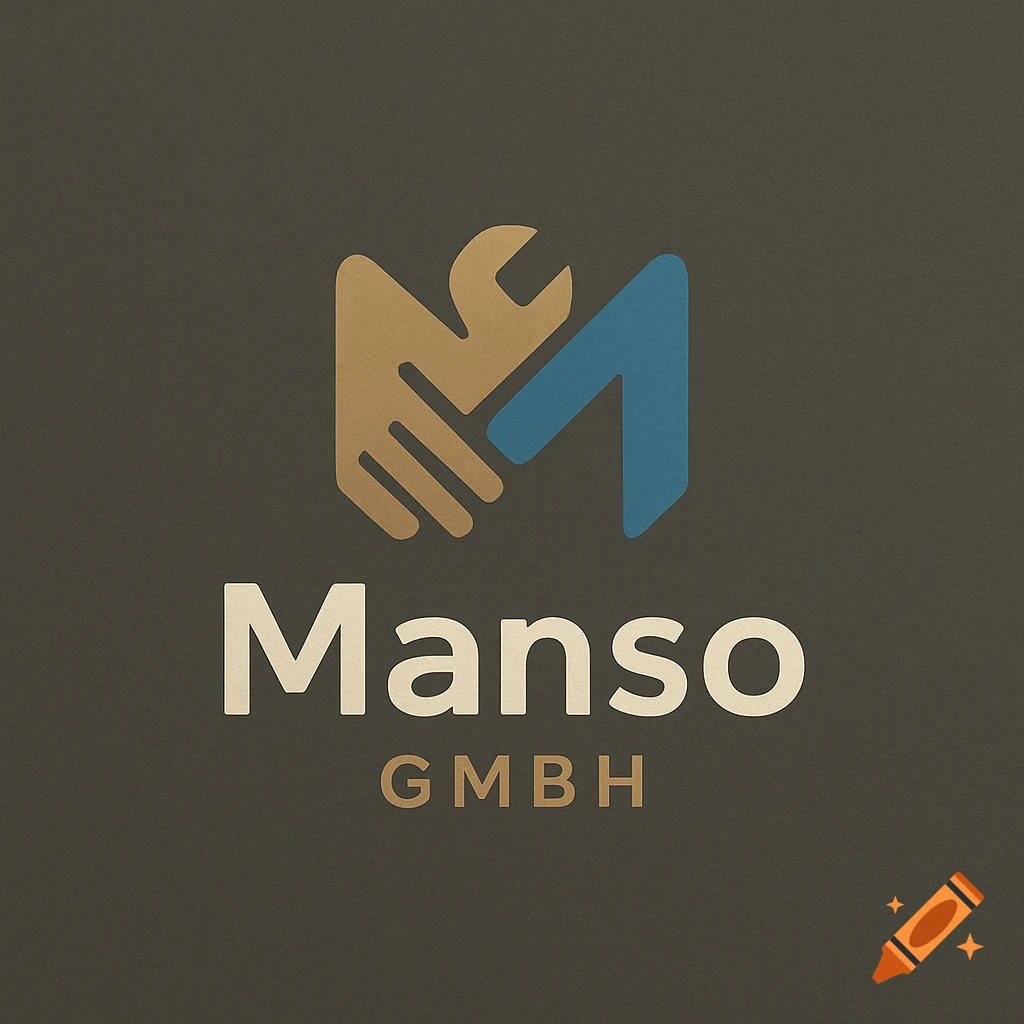 A modern logo for Manso GmbH featuring a stylized 'M' with a handshake and a wrench, colored in gold and blue on a dark background.