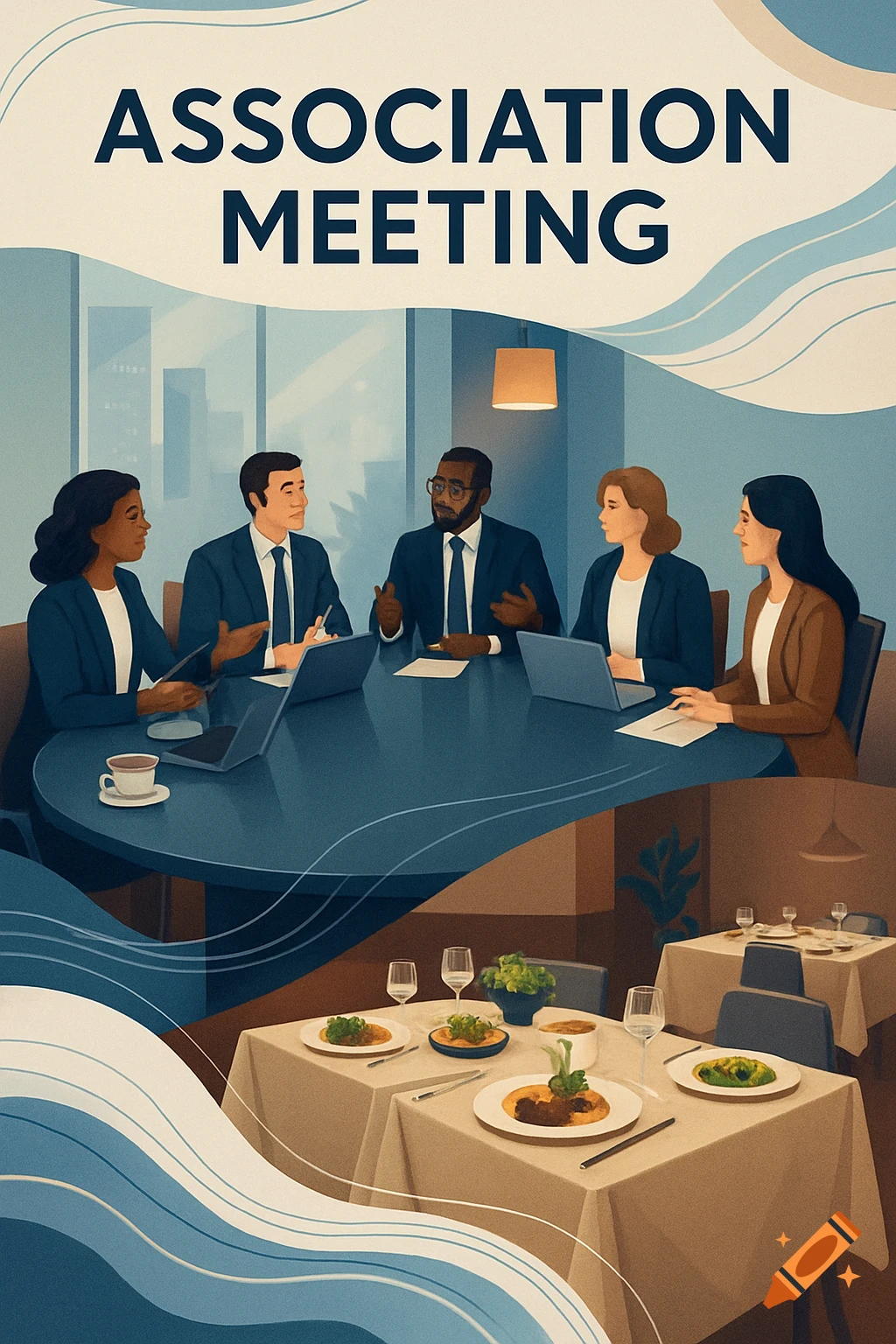 A stylized illustration showing a business meeting with five people, with text "ASSOCIATION MEETING", above a dinner setting.