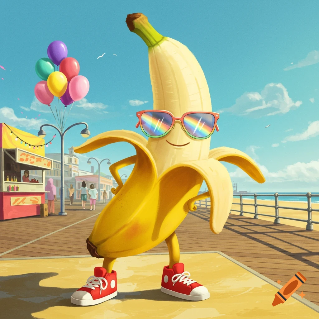 A cartoon banana character with red sneakers and rainbow sunglasses smiles on a sunny beach boardwalk with vendor stalls and balloons.