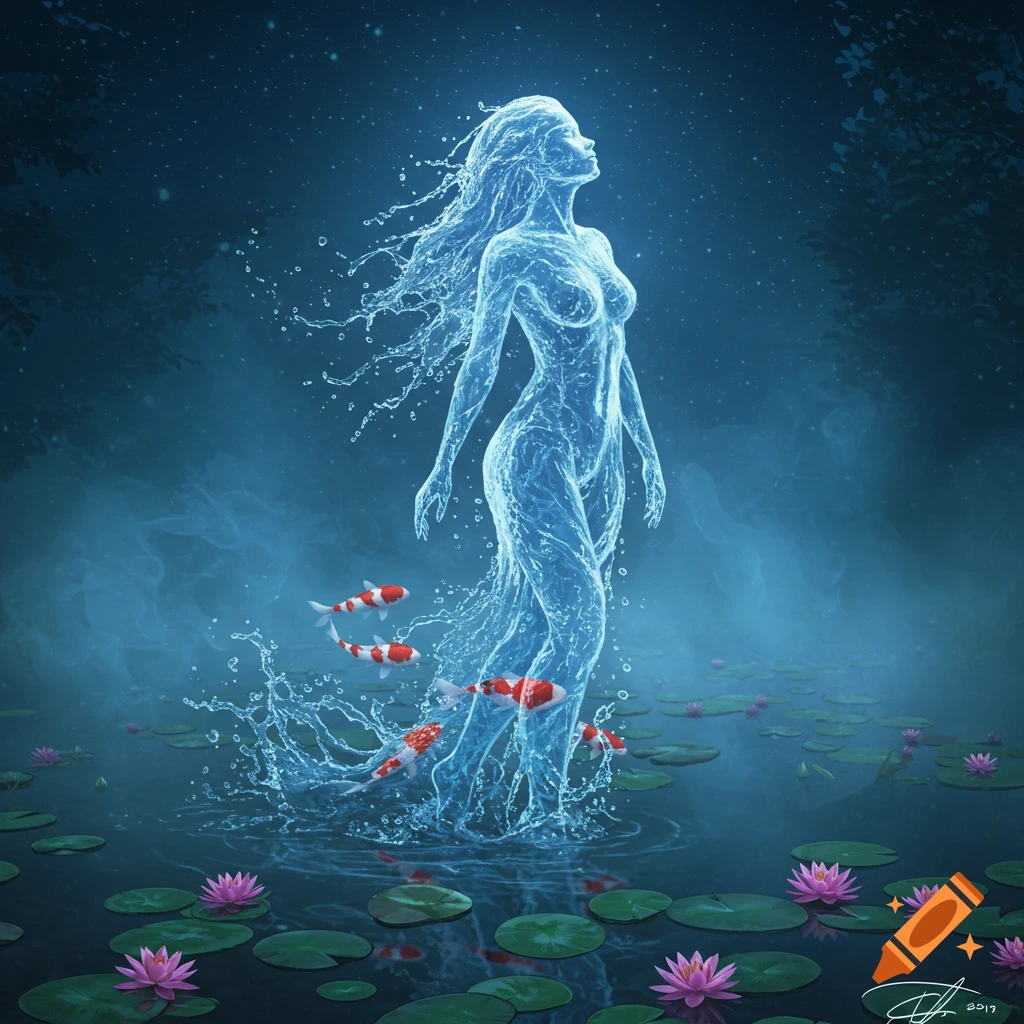 A shimmering water spirit woman rises from a dark pond with pink lotus flowers and koi fish.