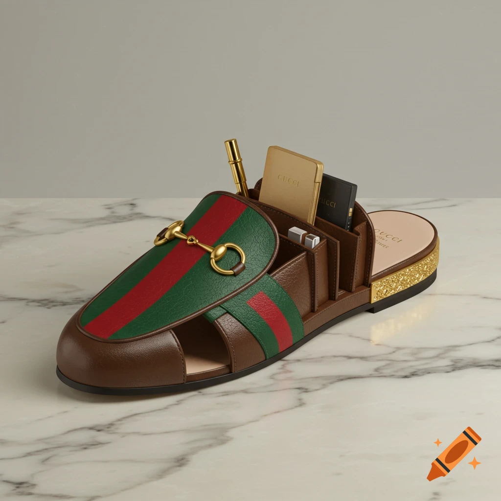 An isometric view of a brown and green Gucci slipper designed as an organizer with compartments, holding a pen and cards, on a marble surface.