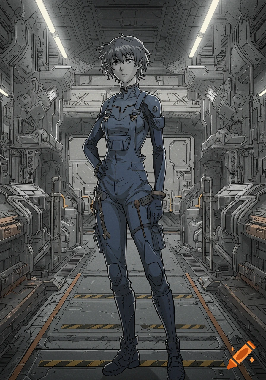 Anime woman with short hair in dark blue mechanic overalls, standing with hand on hip in a detailed sci-fi industrial corridor.