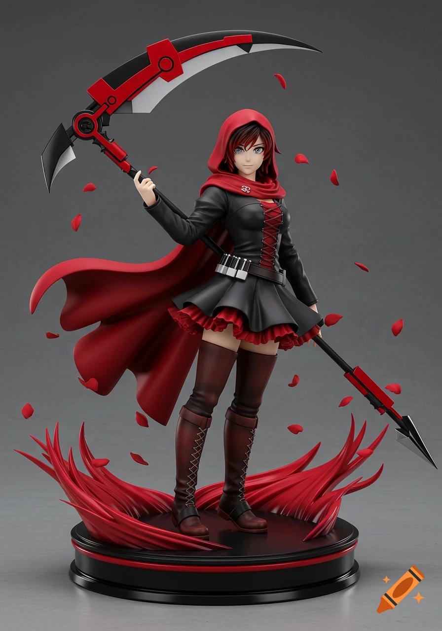 A detailed plastic statue of Ruby Rose from RWBY, holding her scythe, with red rose petals around her feet on a circular base.