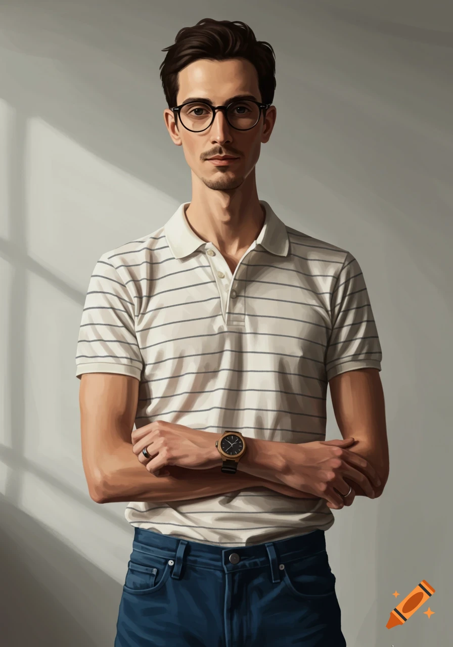 A digitally painted portrait of a man with dark hair, glasses, mustache, and beard, wearing a striped polo shirt and blue jeans, arms crossed.
