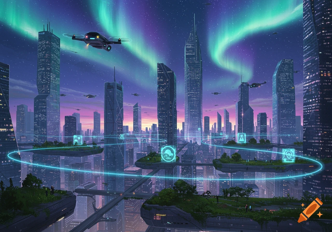 A vibrant, futuristic cityscape at night with towering skyscrapers, drones, and floating platforms connected by glowing blue lines under a starry sky with a bright aurora.