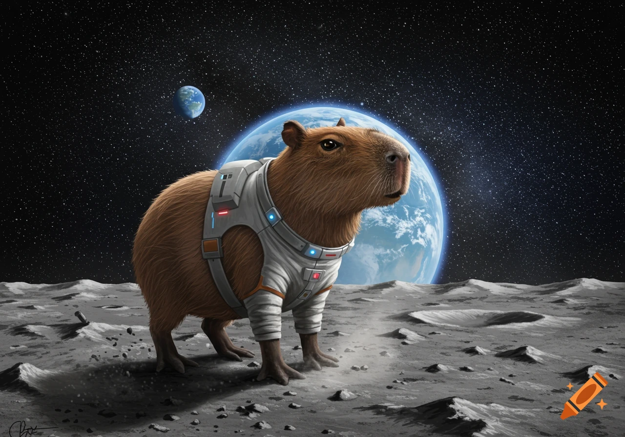 A capybara in a white spacesuit stands on the lunar surface, looking at Earth and another planet in the starry sky.