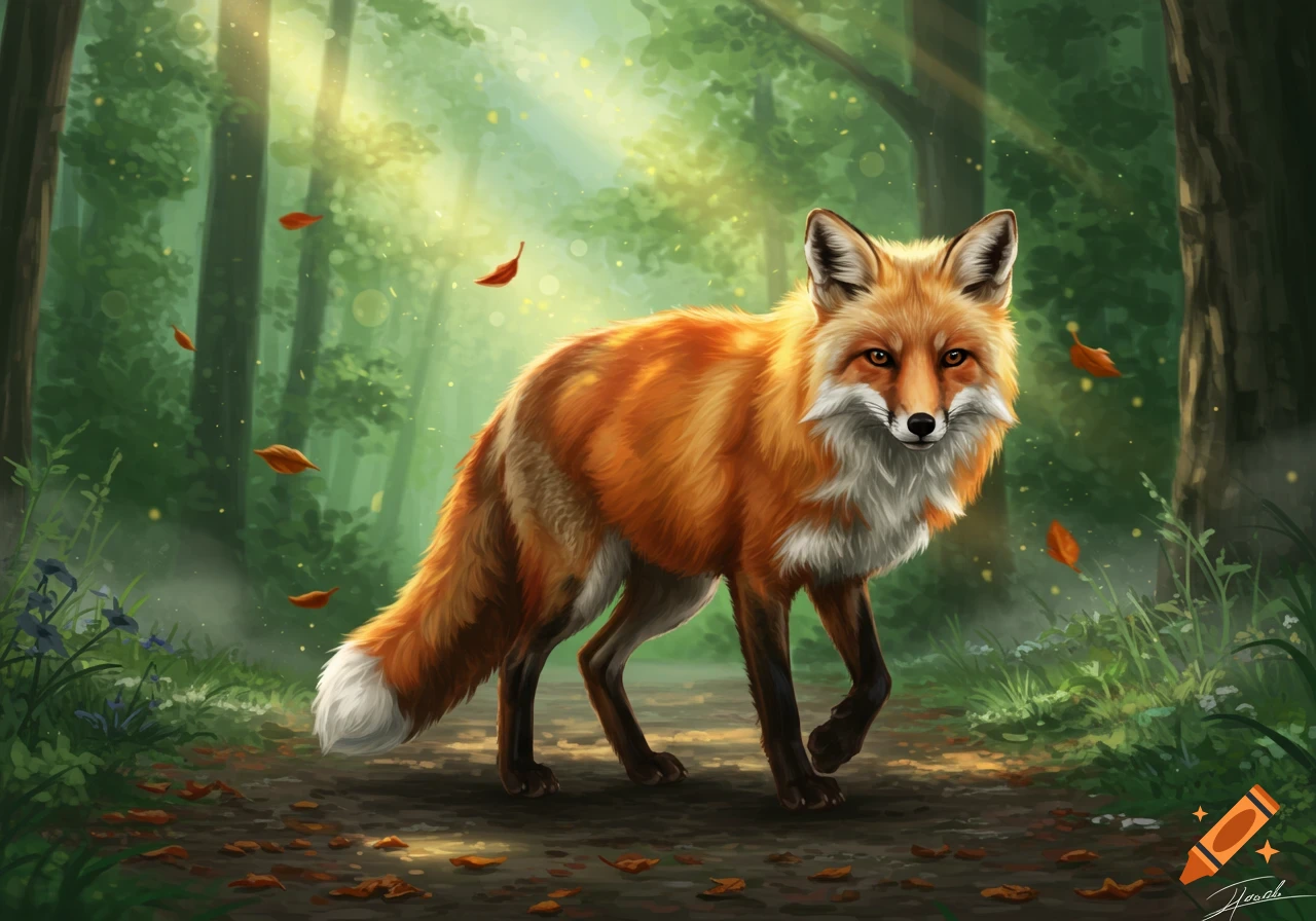 A vibrant red fox with white markings stands on a forest path under dappled sunlight with falling leaves, digital painting.
