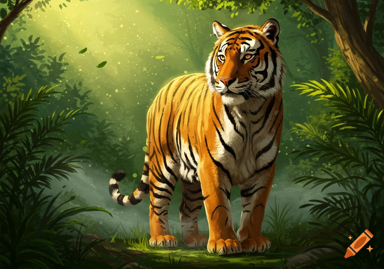 A vibrant digital illustration of a tiger standing in a lush, sunlit jungle, looking to the right.