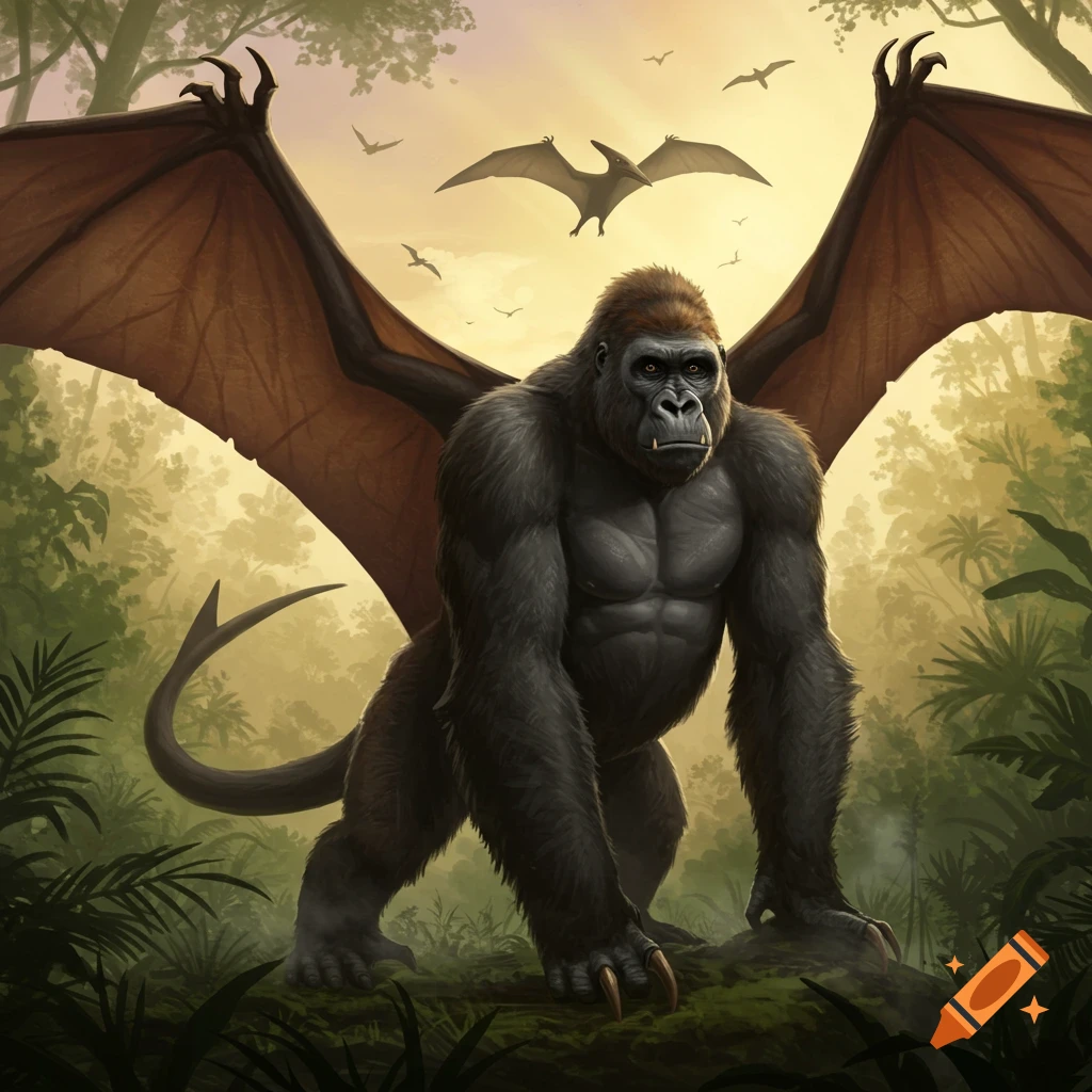 A muscular gorilla-like creature with large pterodactyl wings and a long tail stands in a vibrant jungle at sunset, digital art.