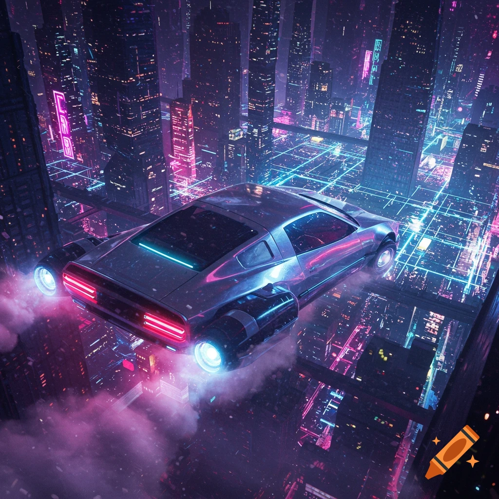 A futuristic flying car hovers above a neon-lit cyberpunk city at night, reflecting vibrant pink and blue lights.