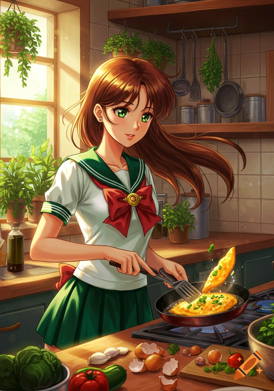 Anime depiction of Makoto Kino from Sailor Moon cooking an omelette in a sunny kitchen.