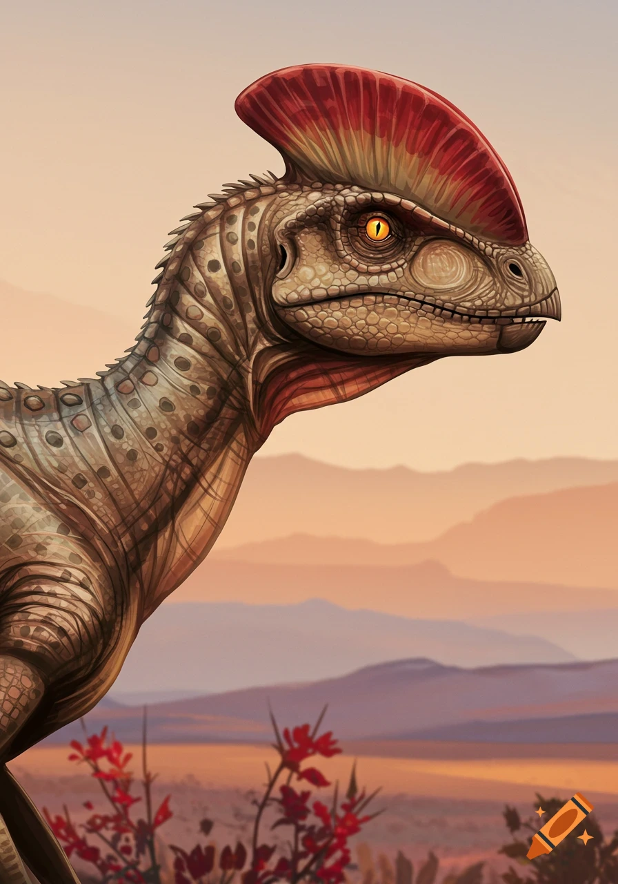 Detailed illustration of a Dilophosaurus with a red crest, looking right against a sunset desert landscape with mountains and red flowers.