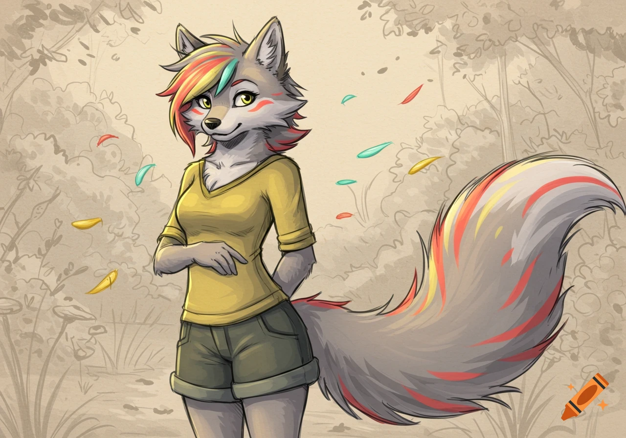 Cartoon anthropomorphic female wolf with colorful hair and tail, wearing a yellow shirt and olive shorts, in a soft pencil drawing wooded scene.