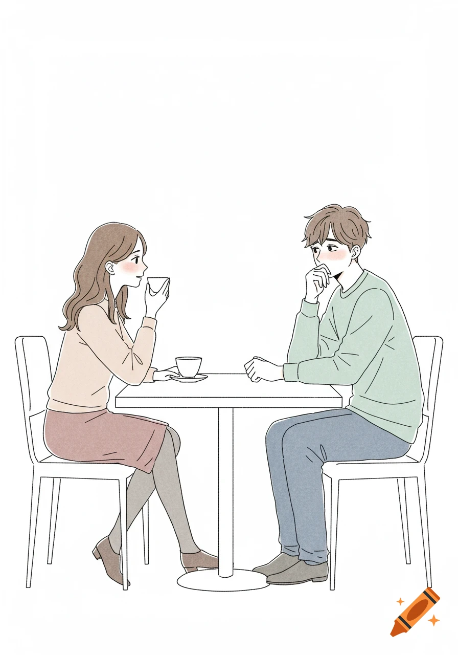 Minimalist illustration of a man and a woman having a conversation at a cafe table, drinking coffee.