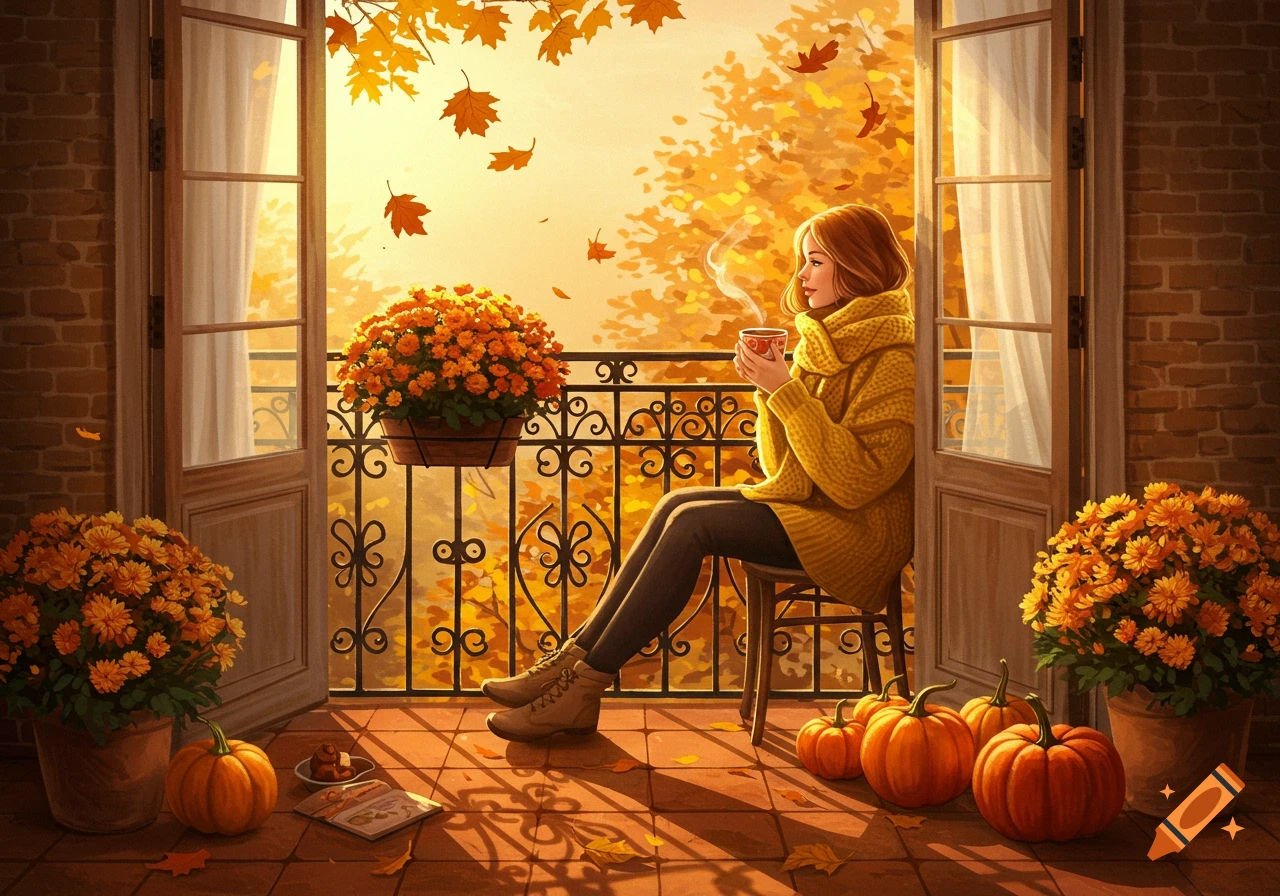 An illustrative image of a woman in a yellow sweater drinking tea on an autumn balcony with orange chrysanthemums, pumpkins, and falling leaves.