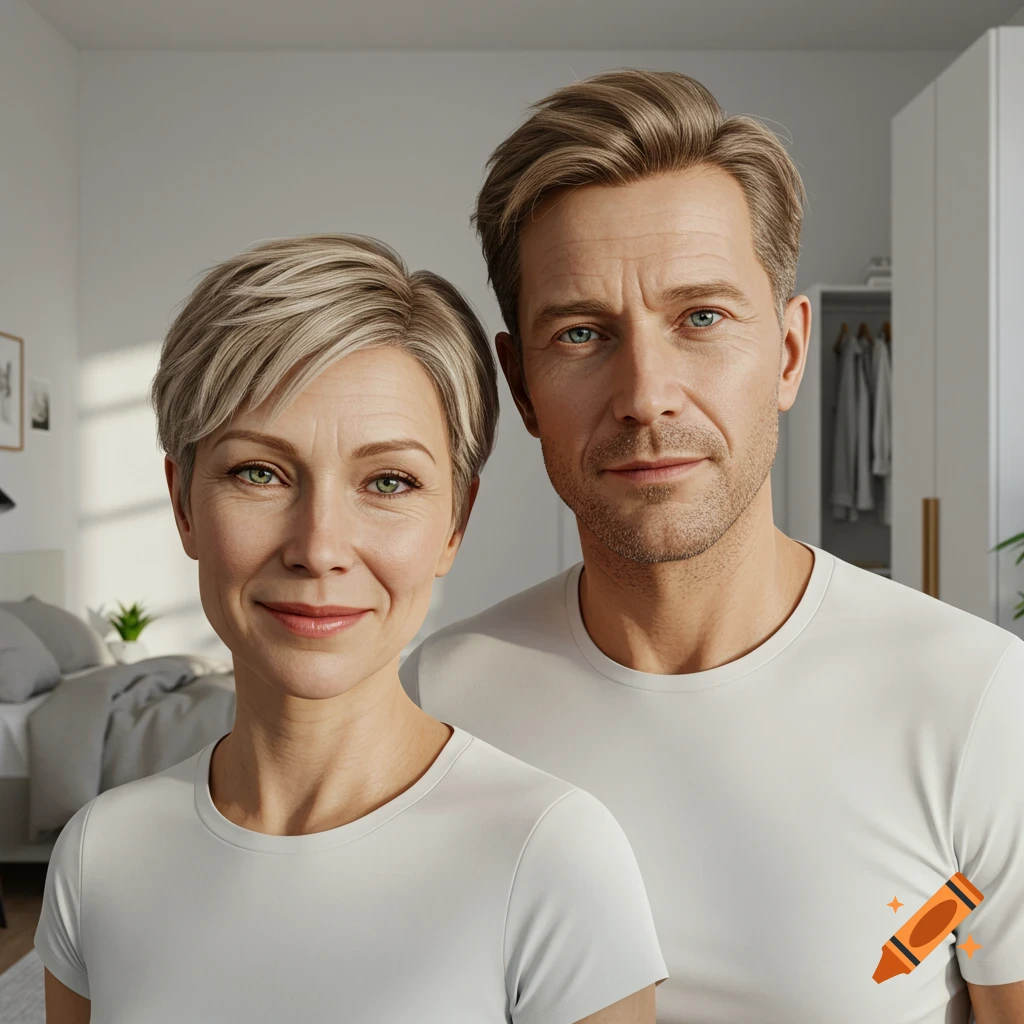 Photorealistic portrait of a middle-aged woman with short blonde hair and green eyes and a man with light brown hair and blue eyes, both in white t-shirts, in a white bedroom.