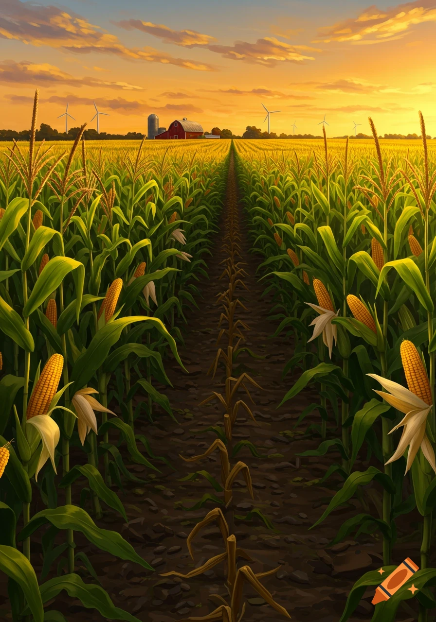 A vibrant cornfield at sunset with a path leading to a red barn and wind turbines under an orange sky.