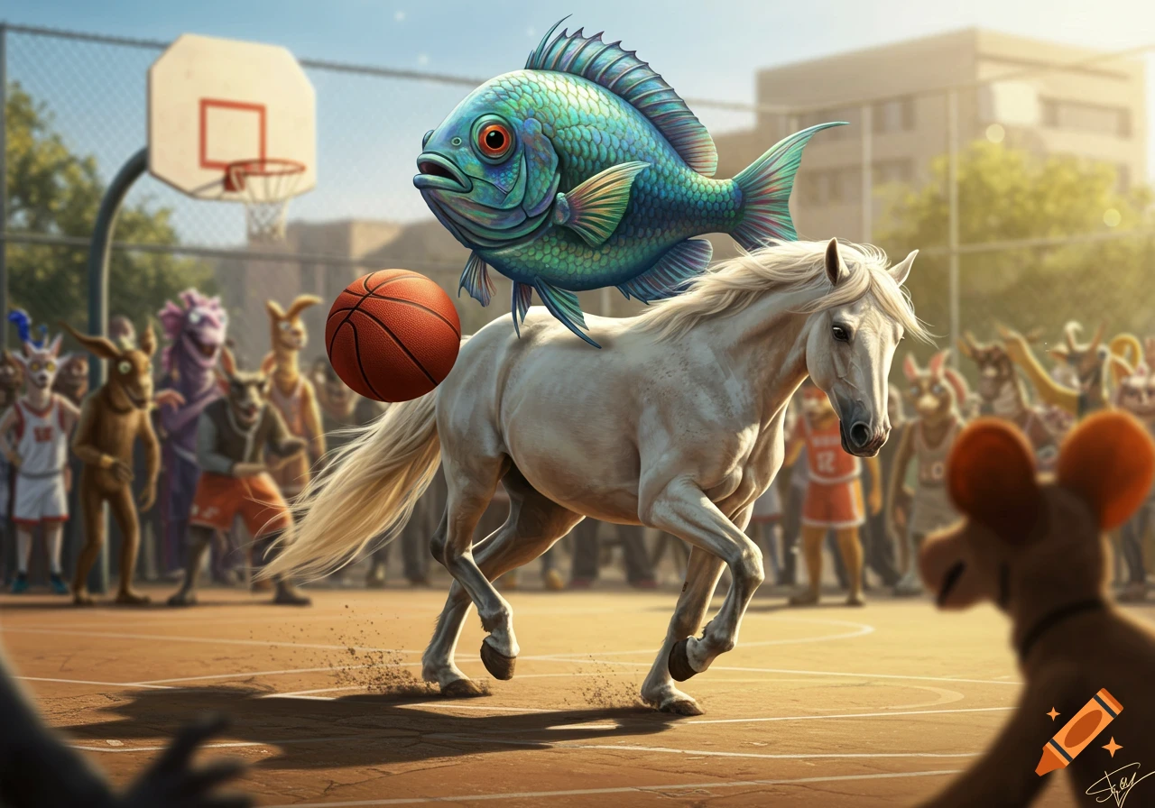 A large teal fish rides a white horse on a basketball court, with a basketball floating nearby and a crowd of anthropomorphic animal spectators.