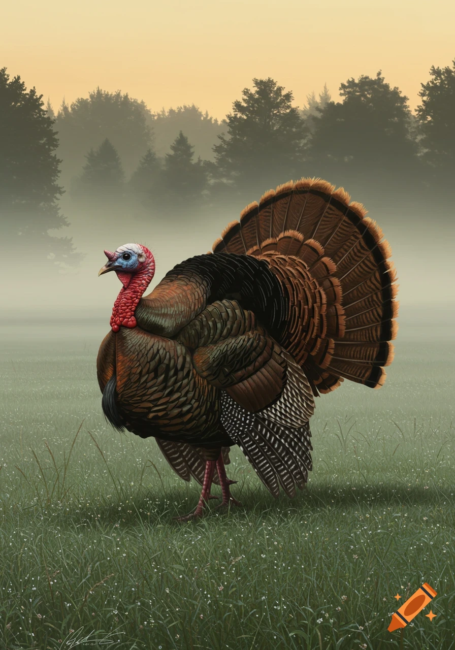 A realistic illustration of a wild turkey with fanned tail standing in a dewy, foggy field with trees in the background.