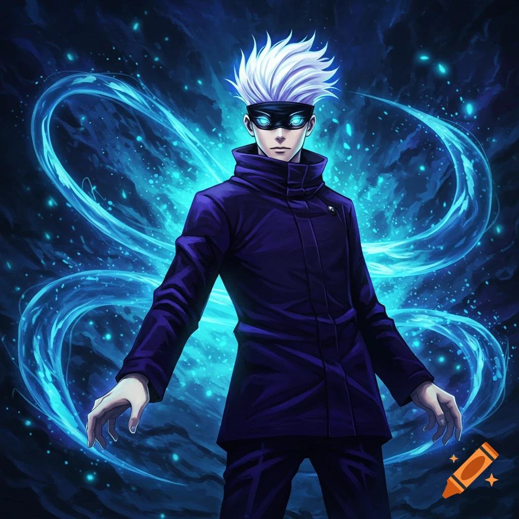 A male anime character with spiky white hair, a black blindfold with glowing blue eyes, and a dark purple coat, surrounded by blue energy.