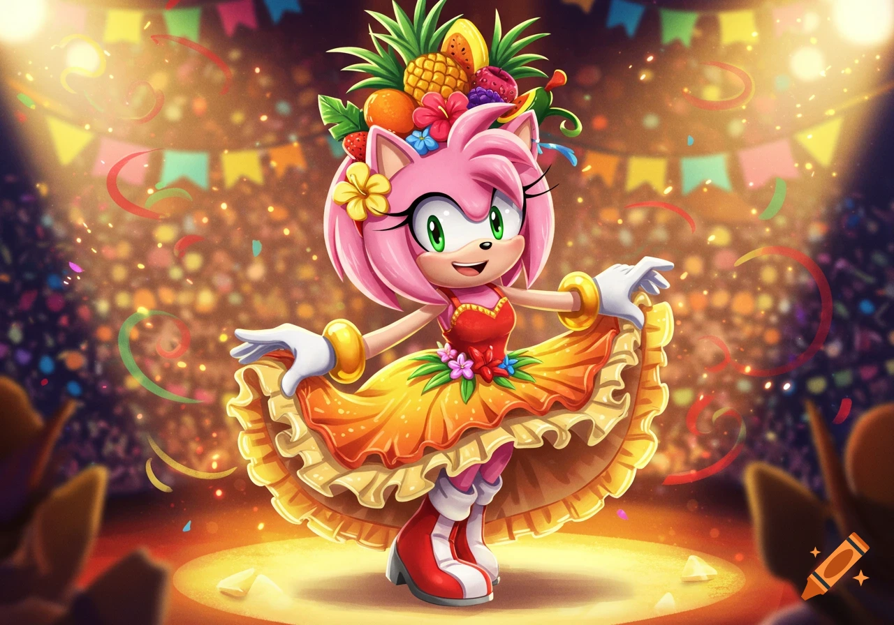 Amy Rose in a Carmen Miranda-style fruit hat and ruffled skirt, dancing on a stage filled with colorful confetti.