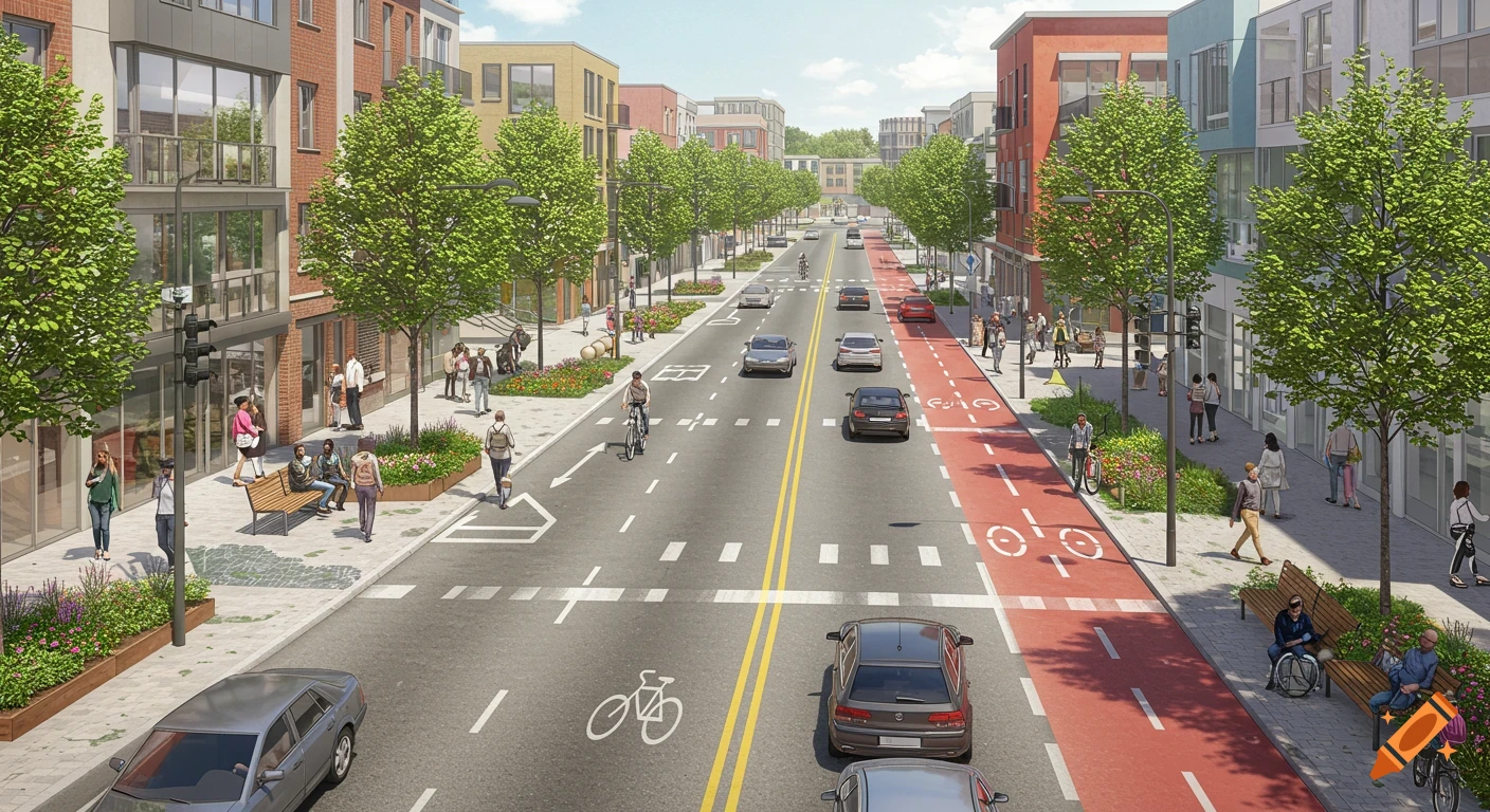 A wide urban street with red bike lanes, cars, pedestrians, and brick buildings on a sunny day.