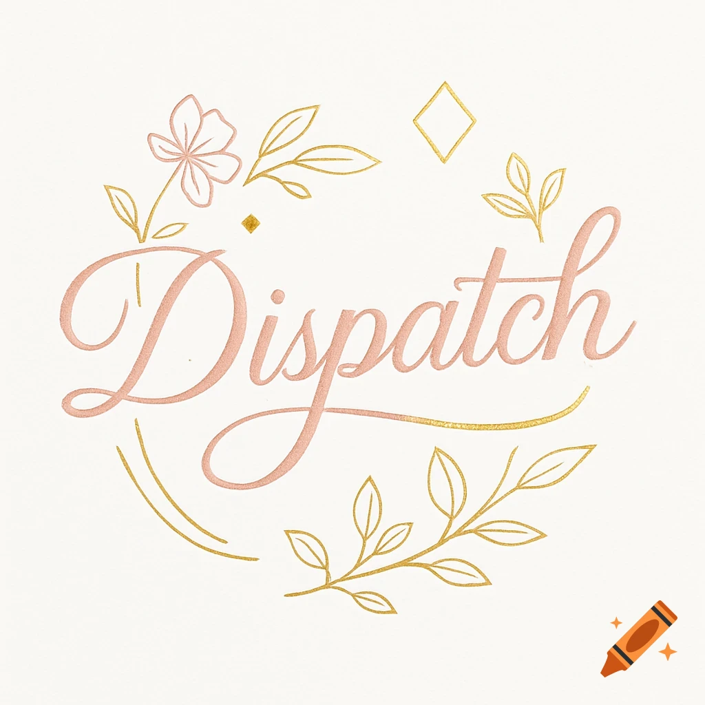 Elegant logo featuring 'Dispatch' in pink script, surrounded by gold floral and leaf illustrations on a cream background.