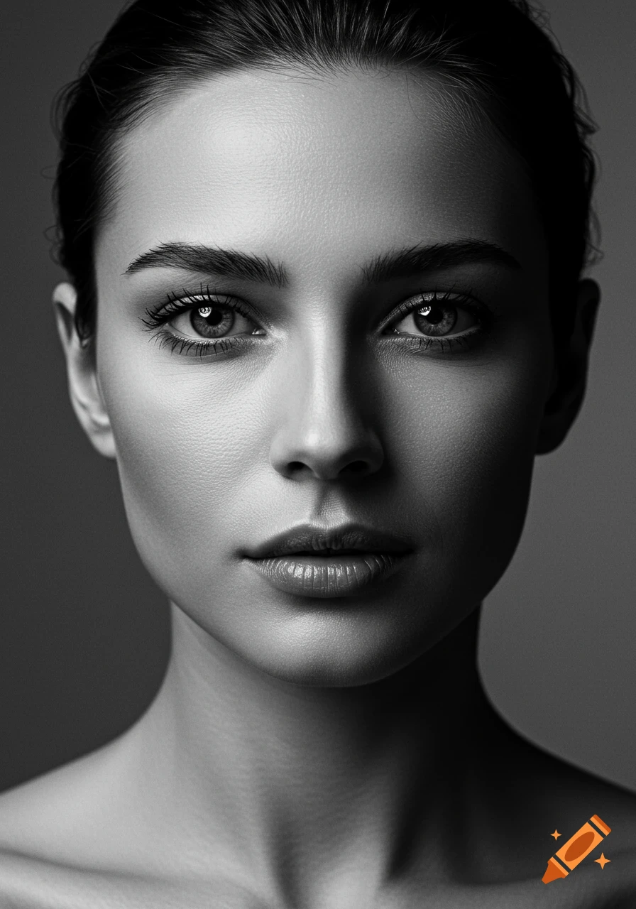 A black and white close-up studio portrait of a woman with bright, expressive eyes and a hint of a smile.