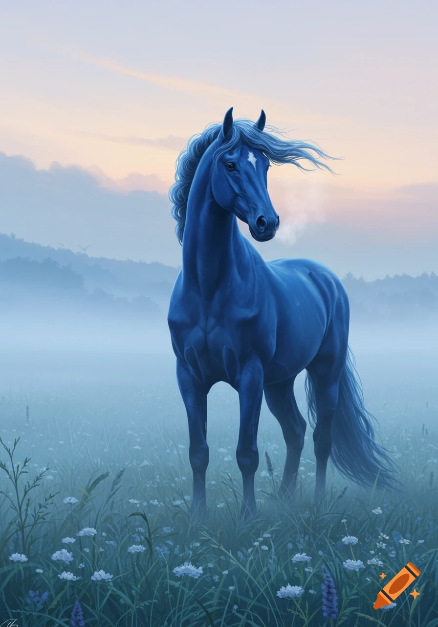 A majestic blue horse with a white star on its forehead stands in a misty field of wildflowers during a pastel sunrise.