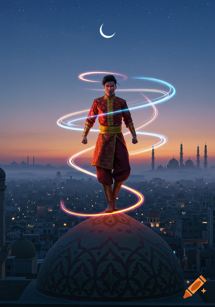 A superhero in red and gold stands on a patterned dome above a city at sunset, with swirling light trails and a crescent moon.