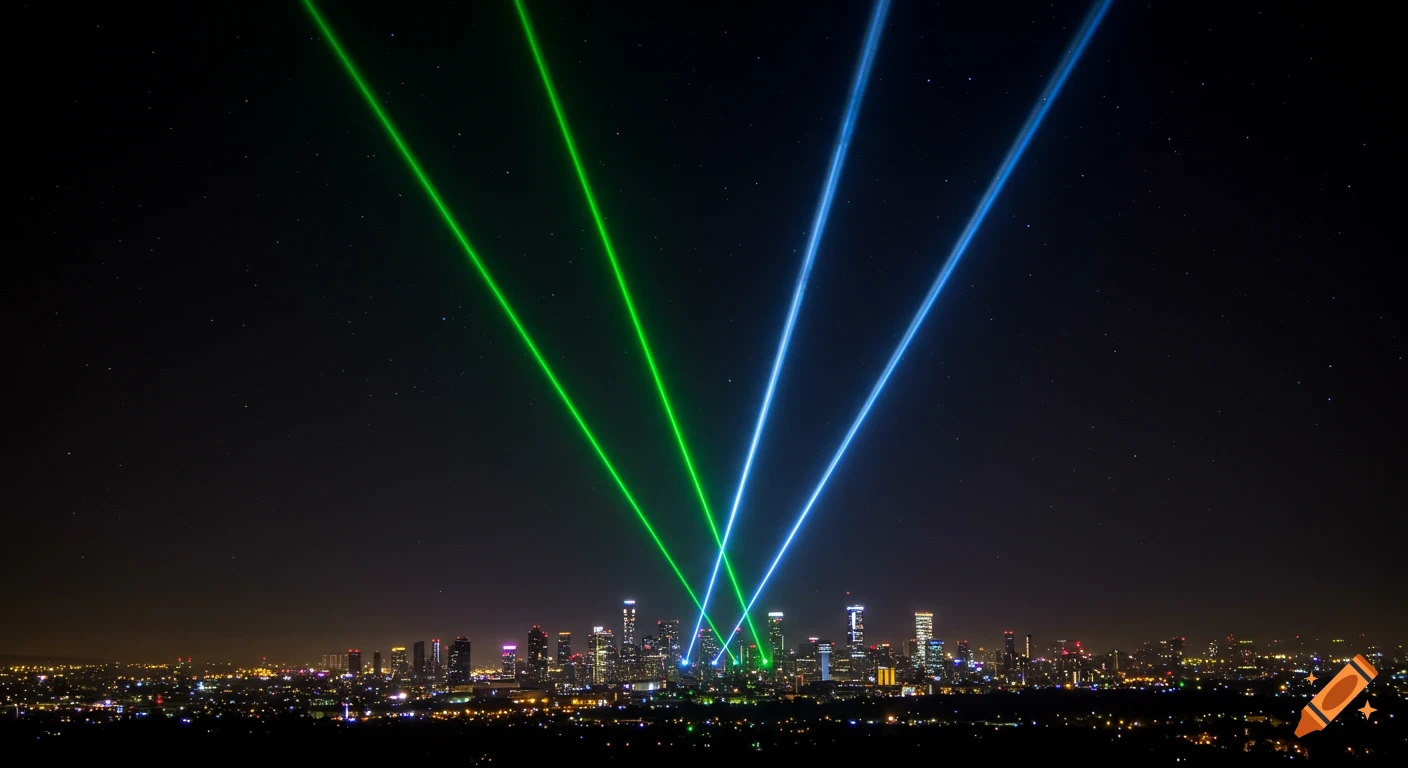 A panoramic night view of a city skyline illuminated by bright green and blue laser beams shooting upwards into a starry sky.