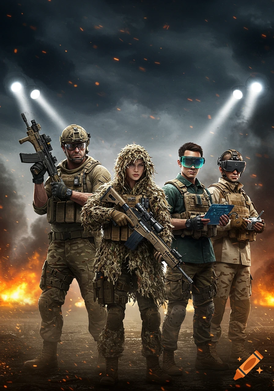 Four diverse soldiers in military gear stand ready for combat amidst explosions and searchlights.