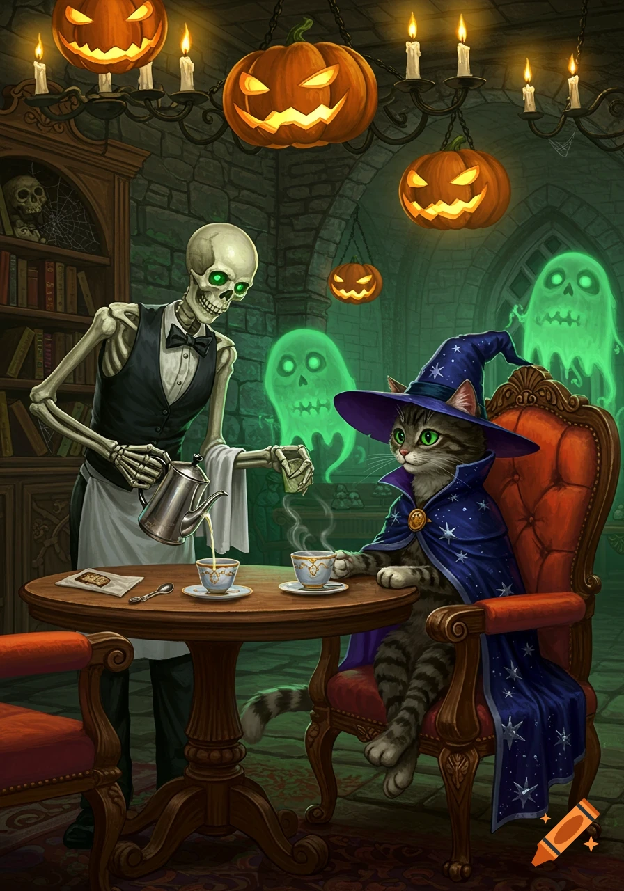 A skeleton waiter pours coffee for a tabby cat wearing a witch hat and cape in a haunted cafe with glowing jack-o'-lanterns and green ghosts.