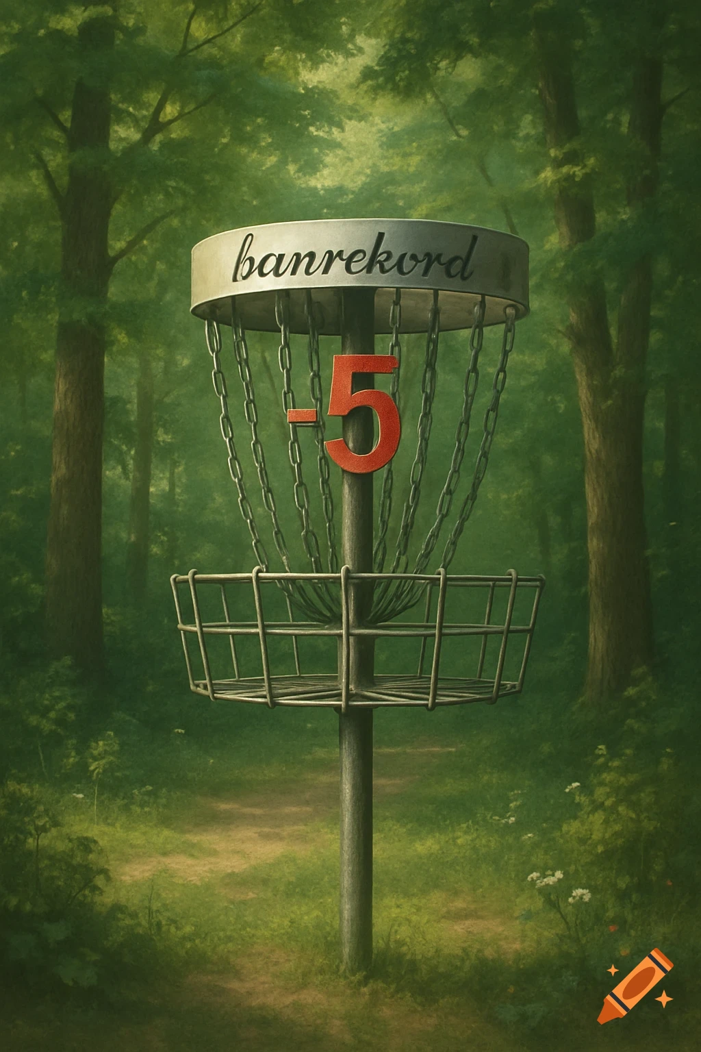 A disc golf basket stands in a lush, green forest with "banrekord" on its top band and a red "-5" suspended inside the chains.