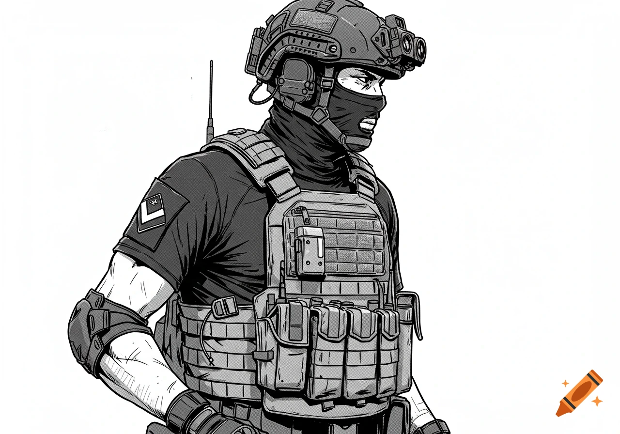 Black-and-white manga-style illustration of a tactical operator in profile, wearing a balaclava, helmet with NVG, and detailed tactical vest.
