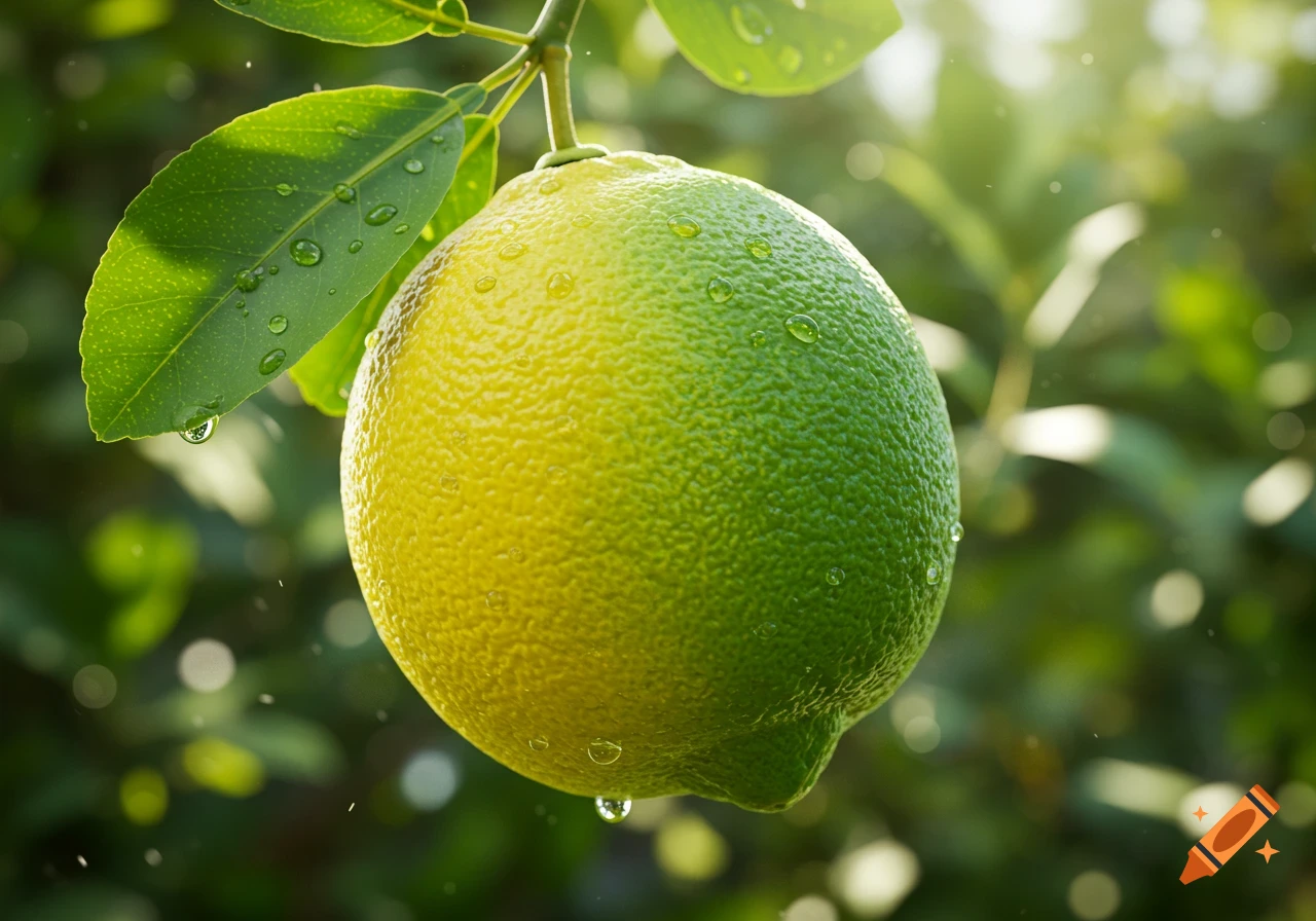 Close-up of a vibrant half-yellow, half-green citrus fruit (lemon-lime hybrid) with water droplets, hanging from a leafy branch in sunlight.