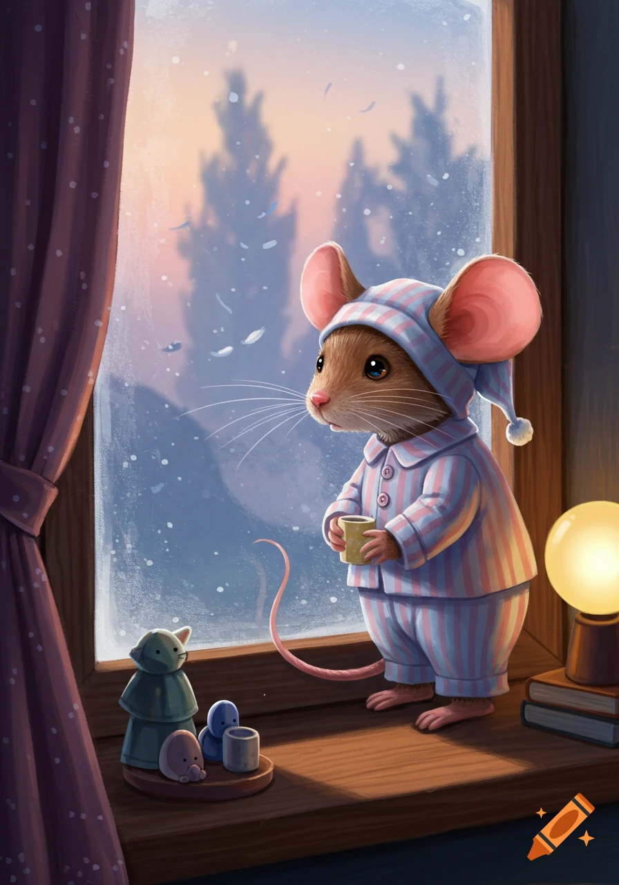 A cute mouse in striped pajamas holds a mug, looking out a window at a snowy, pre-sunrise landscape. Illustration.