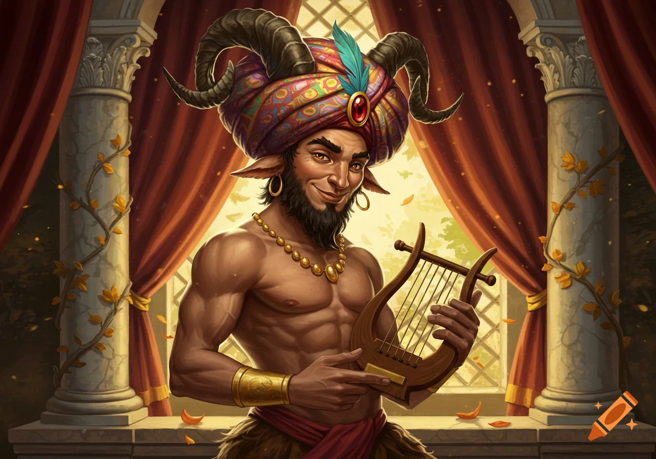 A smiling satyr with horns and a turban, adorned with gold jewelry, playing a lyre in a grand hall.