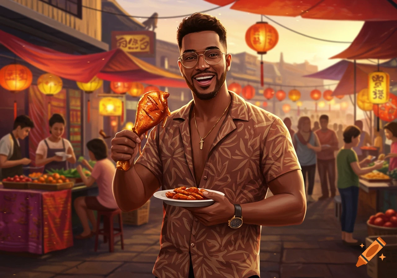 A smiling man in a patterned shirt holds a chicken drumstick and a plate of wings in a vibrant Asian night market with lanterns.