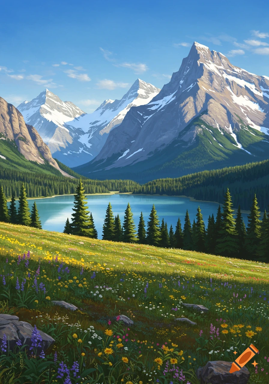 Vibrant mountain landscape with a clear blue lake, tall pine trees, and a wildflower meadow in the foreground under a bright sky.