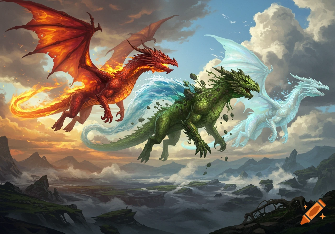 Three elemental dragons, fiery red, earthy green, and icy white, fly across a misty mountain landscape in detailed fantasy art.
