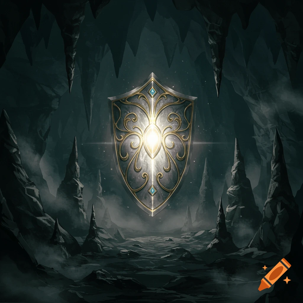 A glowing, ornate shield with golden filigree and blue gems floats in the dark, misty depths of a fantasy cave with stalactites and rocky spires.