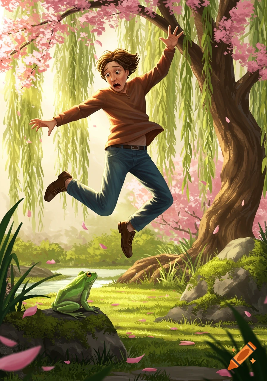 A cartoon man jumps in fear from a small green frog in a lush park with a weeping willow and cherry blossoms.
