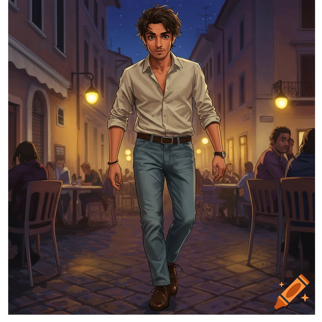 A man with dark, wavy hair walks on a cobblestone street at night, wearing a white shirt and blue jeans, with outdoor cafes in the background.