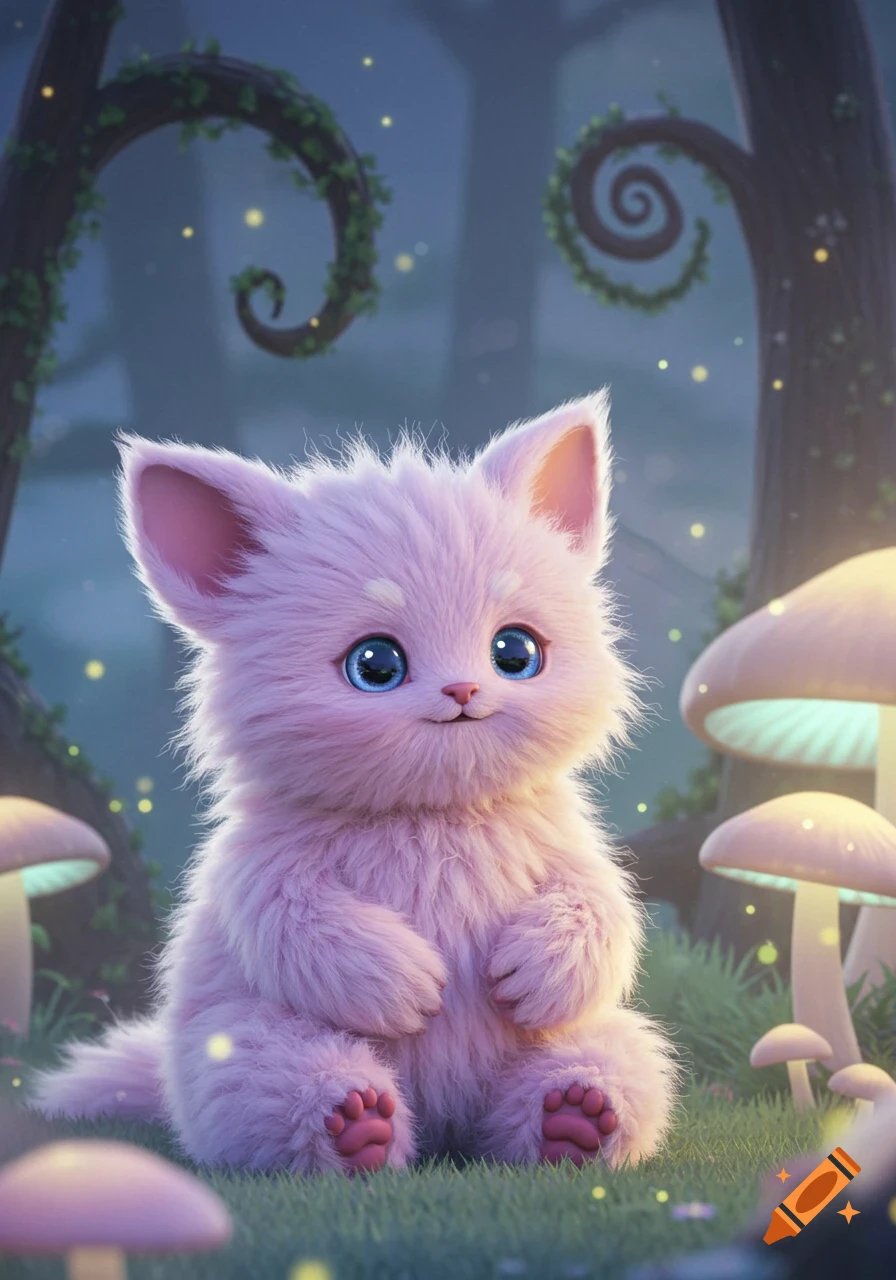 A cute, fluffy pink cat-like creature with big blue eyes sits in a whimsical, glowing forest with mushrooms.