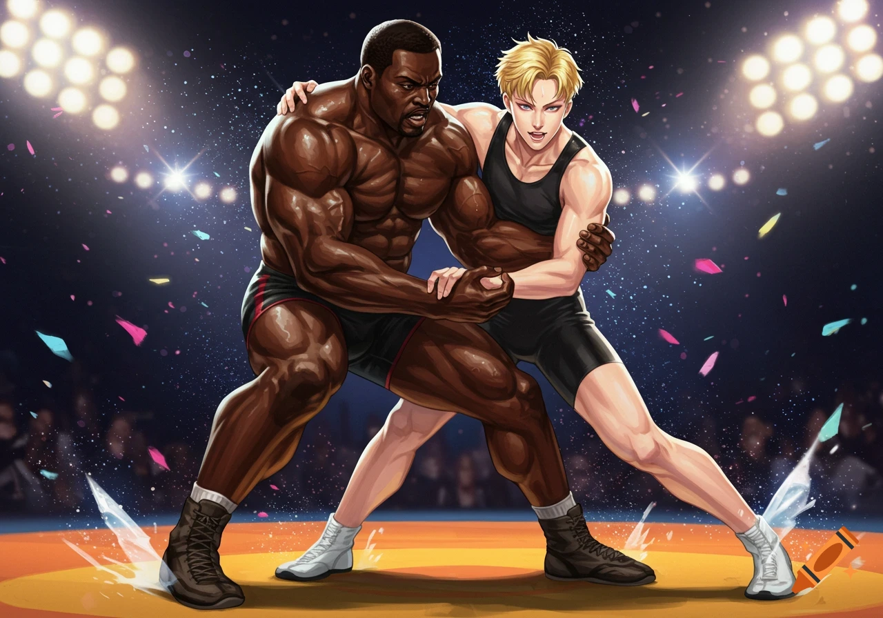 Two muscular anime-style male wrestlers grapple on a mat under bright stadium lights with confetti falling.