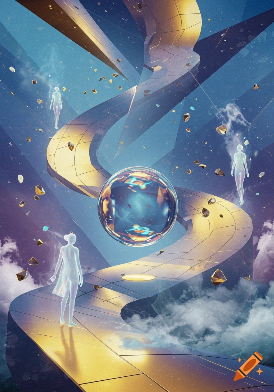 Ethereal figures float around a shimmering golden spiral path and a large iridescent sphere in a cosmic, dreamlike setting.