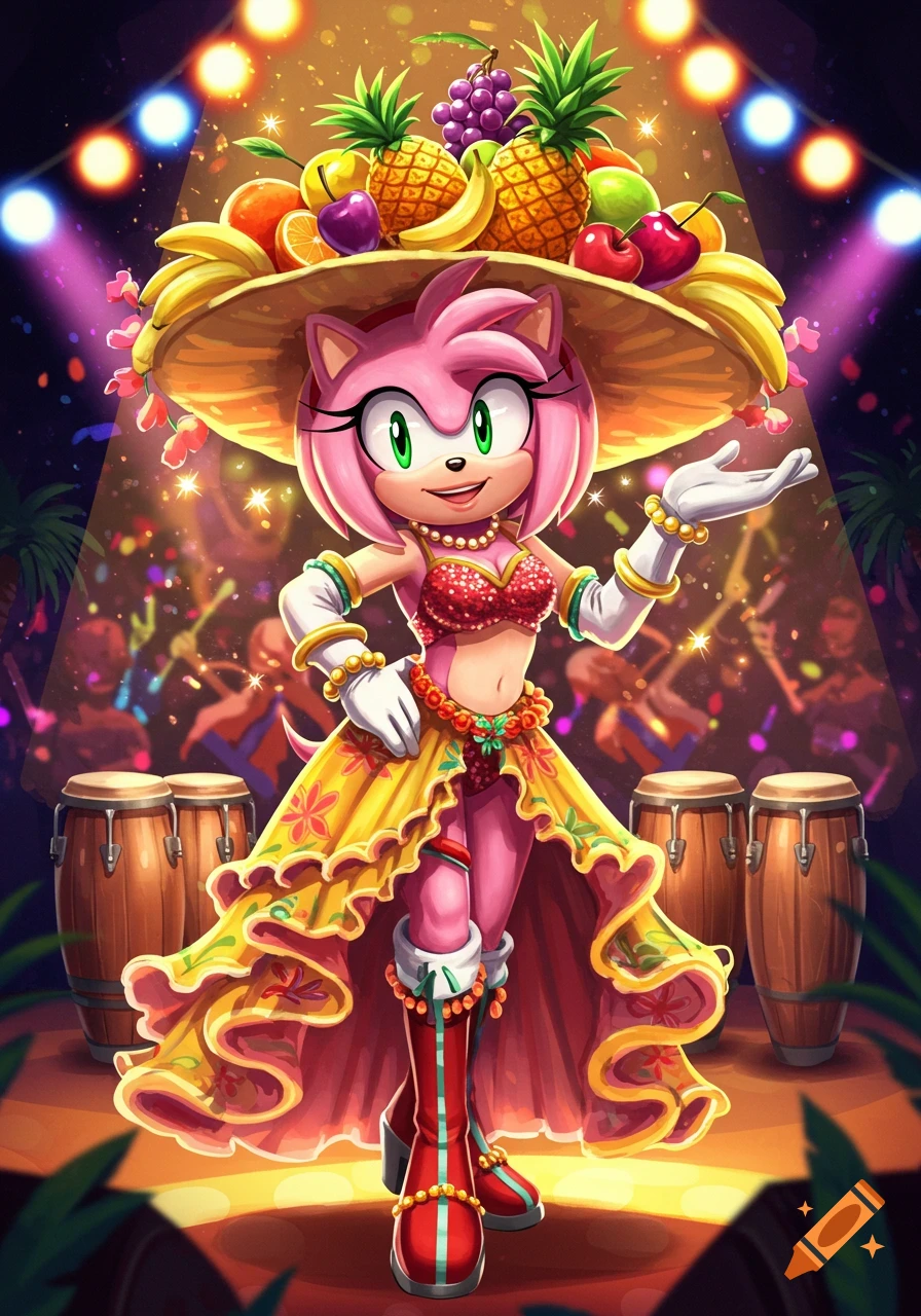 Amy Rose from Sonic the Hedgehog dressed in a vibrant Carmen Miranda costume with a fruit hat, standing on a stage with conga drums and party lights.