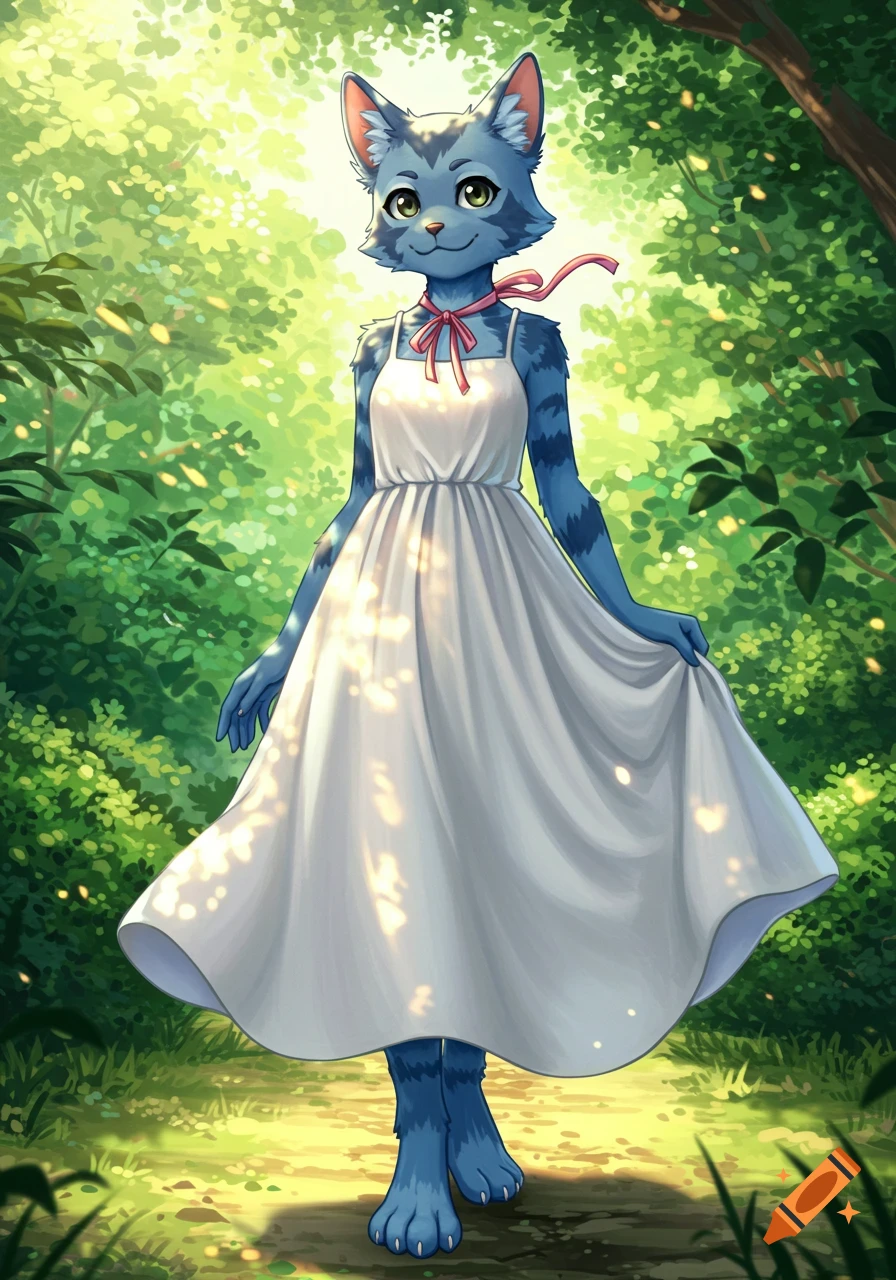 An anthropomorphic blue cat character wearing a white sundress stands in a sun-dappled green forest, in an anime style.