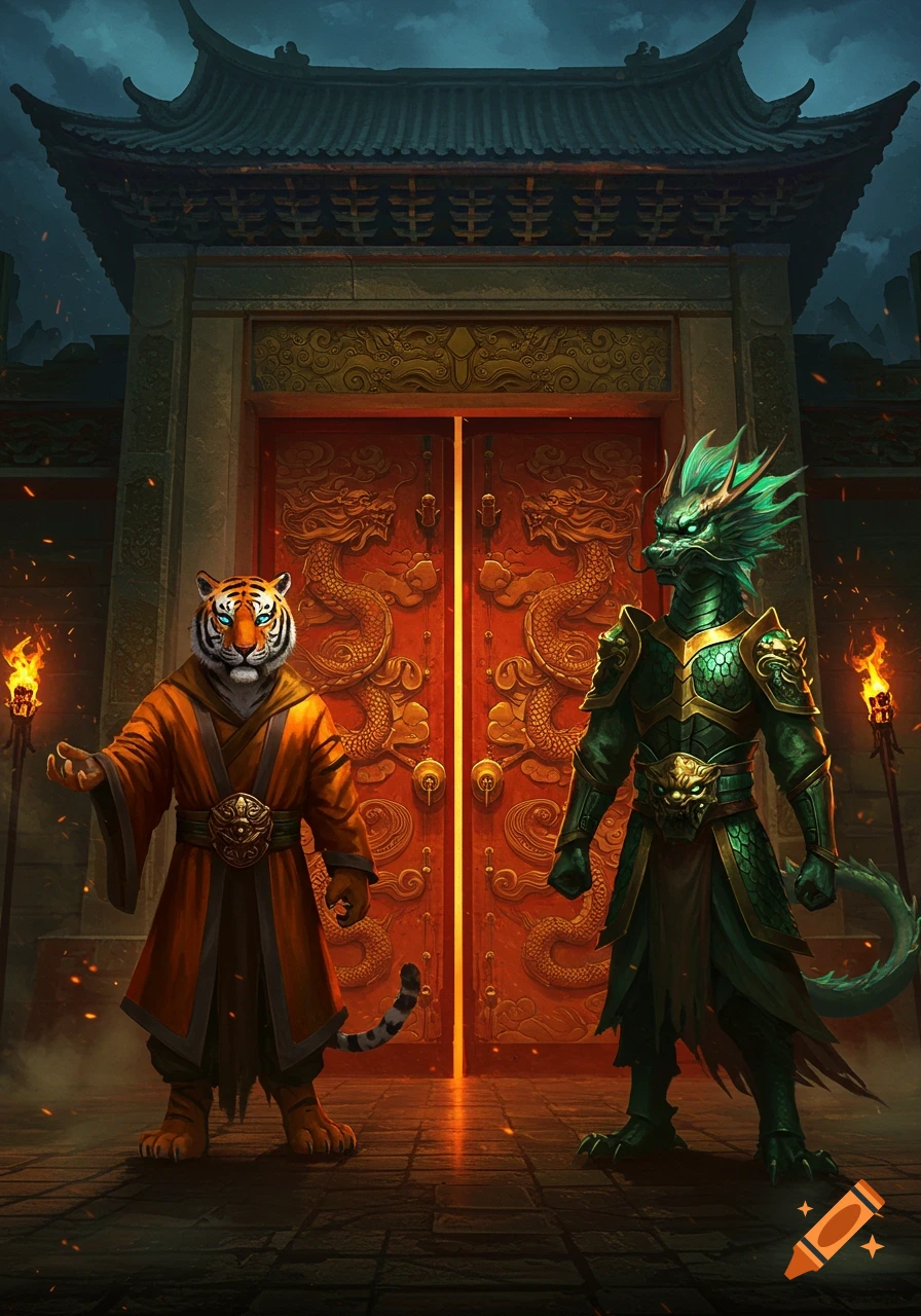 An anthropomorphic tiger in an orange robe and a green armored dragon guard a grand, ornate red Chinese gate with torches at night.